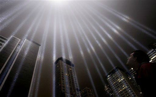 A test of the Tribute in Light rises above lower Manhattan, Wednesday, Sept. 7, 2011 in New York.